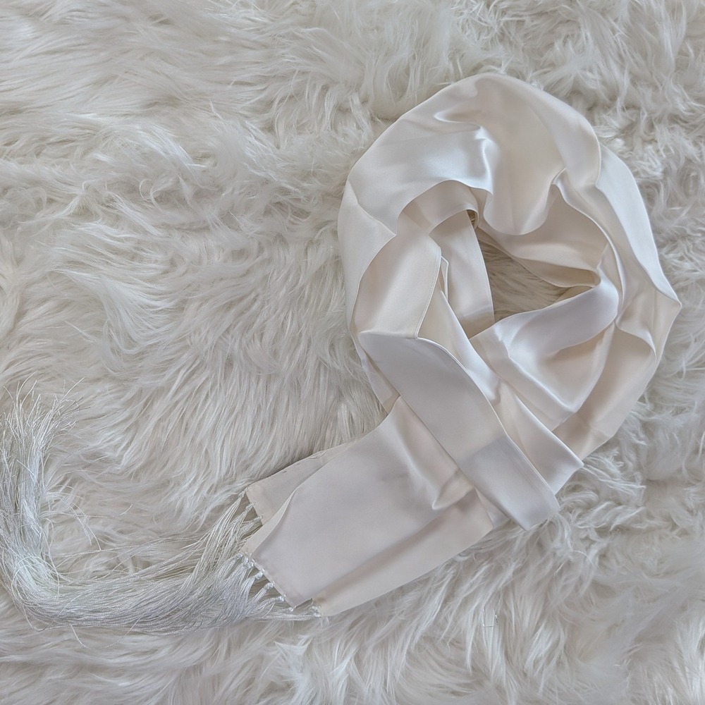 Vintage Hugo Boss 100% Silk Fringed White Old Money Evening Scarf Made in Italy